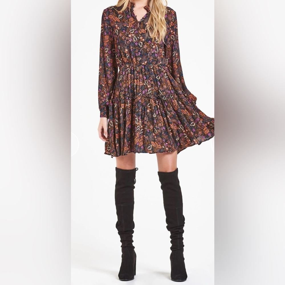 Dear John Boho Floral Mini Dress Small Tiered Long Sleeve NWT